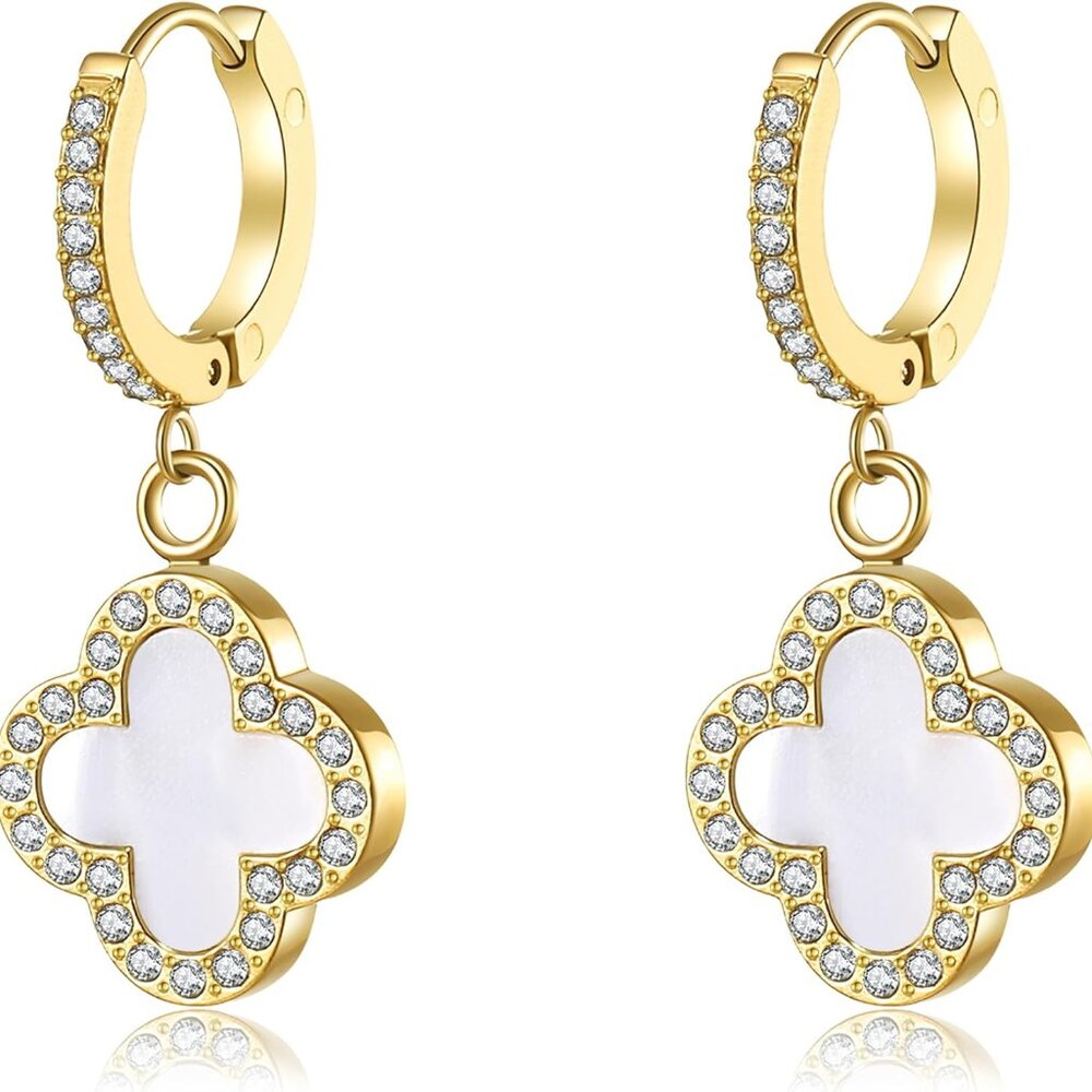Clover Earrings for Women 18K Gold Plated Four Leaf Clover Hoop Earrings Simple